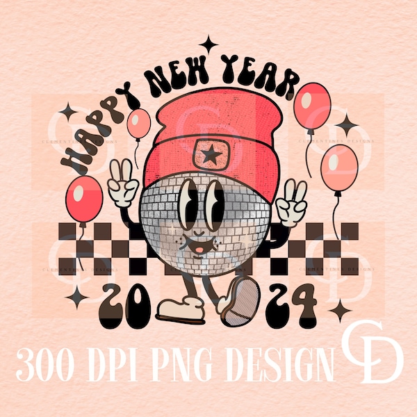 Retro Happy New Year 2024 PNG-png,Retro Disco ball Png,2024 png,Kids New Years png,Retro holiday png,Cute New Years png,Trendy sublimation