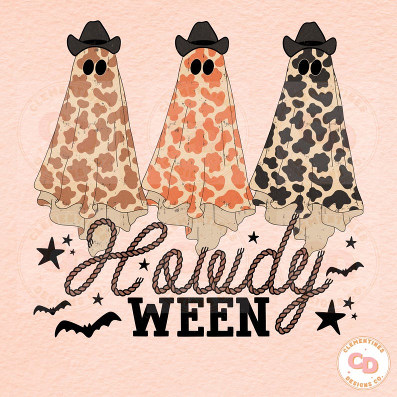 May include: Three ghost figures wearing cowboy hats, each with a different cowhide pattern in brown, orange, and black. The word "Howdy" is written in a rope-like font above the word "WEEN" in a bold, black font. Bats and stars surround the text.