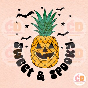 May include: A Halloween graphic with a yellow pineapple carved like a jack-o'-lantern, with green leaves. Black bats and stars are around the pineapple. The words "Sweet & Spooky" are in black, curved text, creating a circular design.