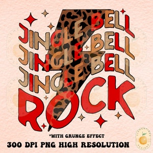 Op de afbeelding: Een rood en bruin grafisch ontwerp met de tekst "Jingle Bell Rock" in een vet, gestileerd lettertype. Het ontwerp bevat een bliksemschicht met luipaardprint met een grunge-effect.