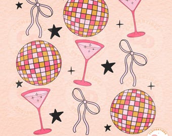 Coquette New Year PNG: Retro Disco Ball, Martini (Digital Download)