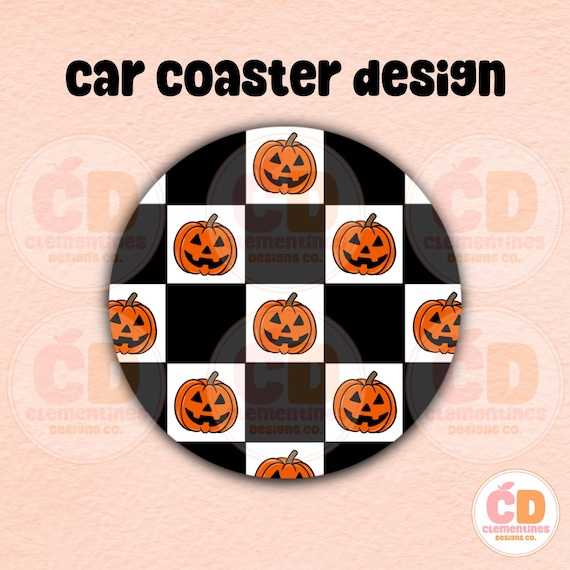 Checkered Pumpkin Car Coaster PNG: Fall Digital Design (2.75 inch Bleed)