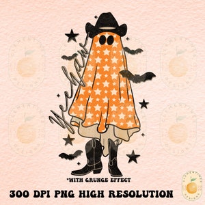 May include: A ghost wearing a cowboy hat and boots, with a star-patterned orange and white sheet. The ghost is standing on a peach-colored background with the text "We haunt" written in black.