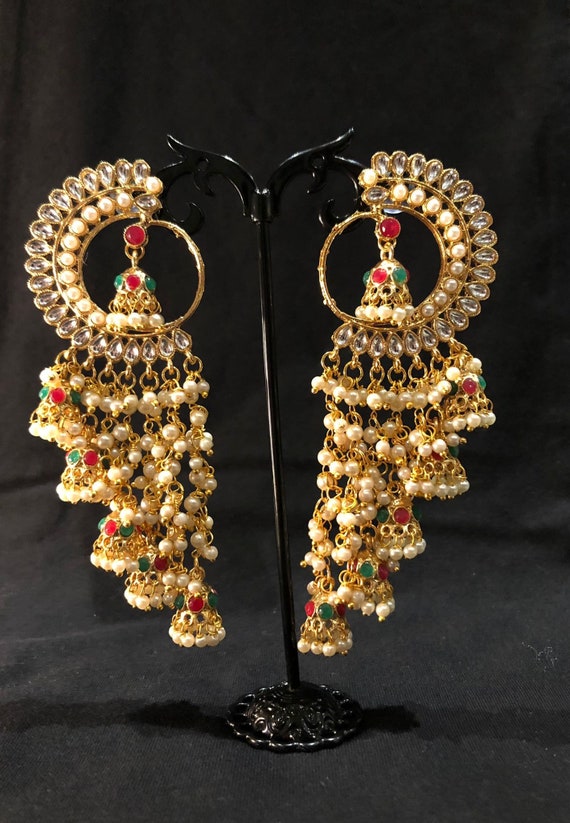 Buy Golden Bahubali Earrings Light Weight Mirror Jhumka Earrings With  Hanging Chain Studs Afghani Jewelry/ Indian Earrings/ Tribal Earrings Online  in India - Etsy