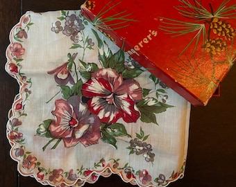 Vintage Handkerchief Floral Pattern - scalloped edge rose hankie, ladies cotton lawn unused in box