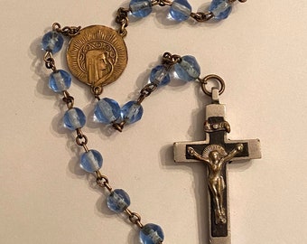 Vintage Sommerso Glass Rosary, blue cut glass beads, brass ebony cross, scapular center reliquary