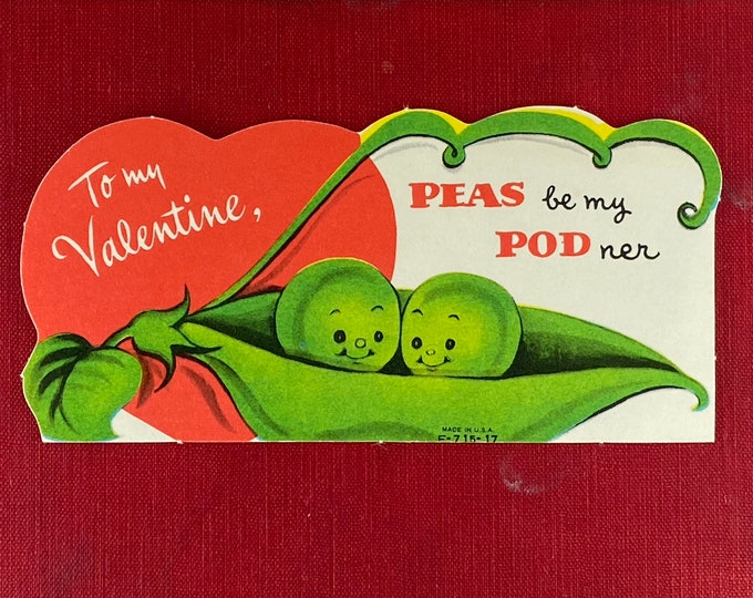 Peas Be My Podner Vintage Valentine Unused 1960s Unmarked Diecut Cute