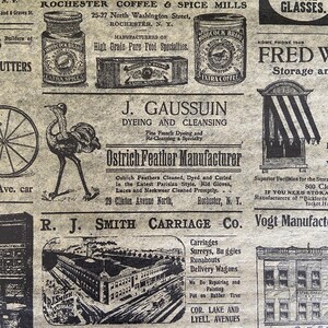 May include: A vintage newspaper advertisement for various businesses in Rochester, New York. The ad includes businesses such as a coffee and spice mill, a carriage company, a feather manufacturer, and a storage company. The ad also features a drawing of an ostrich.