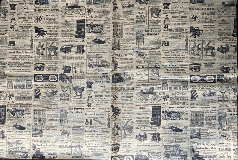 May include: A vintage newspaper print design featuring black and white illustrations of various products and services. The print includes text such as "COAL", "The Power Washer", "Archer Mfg Co", "Fred W. Bickford", and "The Frank H. Clement Co."
