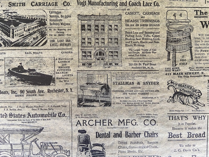 May include: A vintage newspaper clipping with black and white text advertising various businesses in Rochester, New York. The businesses include a carriage company, a coach lace company, a boat company, an automobile company, a plumbing company, a hearse trimming company, and a dental and barber chair manufacturer. The text includes the addresses and phone numbers of the businesses.