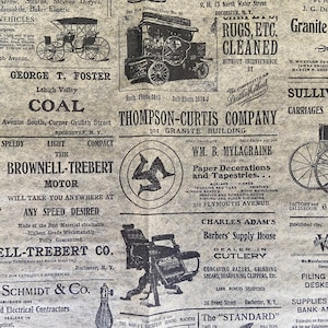 May include: A vintage newspaper advertisement with black and white text and images. The advertisments include a motor company, a paper decorations and tapestries company, a barber supply house, a granite flour company, and a coal company. The text includes the words "The Brownell-Trebert Motor", "Thompson-Curtis Company", "Wm. B. Mylacrain", "Charles Adam's Barber's Supply House", "Sullivan Brothers Carriages", and "J. G. Davis Co.'s Granite Flour".
