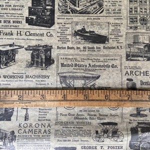 May include: A vintage newspaper print design featuring black and white illustrations of various products and services. The design includes advertisements for wood working machinery, boats, automobiles, cameras, and dental and barber supplies. The text includes the names of companies such as "The Frank H. Clement Co.", "Horton Boats, Inc.", "United States Automobile Co.", "Korona Cameras", and "Archer Mfg.".