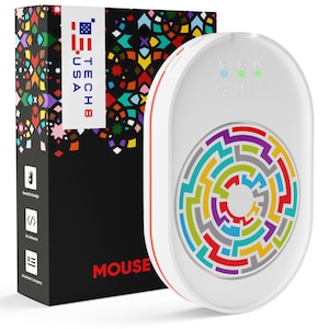 May include: A white wireless mouse with a colorful maze design on the top. The mouse has a red trim around the edge and three green lights on the top. The packaging for the mouse is black with a colorful mosaic design and the text "TECH8 USA" on the front.