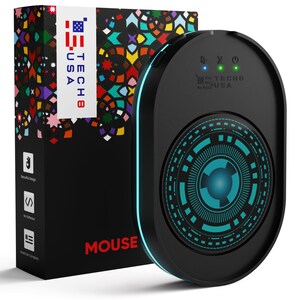 May include: A black wireless mouse with a blue and black circular design on the top. The mouse has a charging pad with a blue light around the edge. The charging pad has a green and red light indicator. The box says "TECH8 USA" and "MOUSE".
