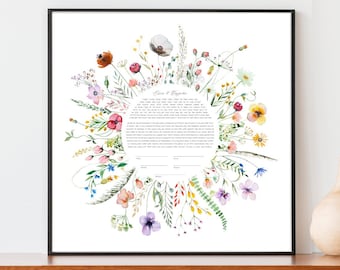 Colorful Floral Leaf Modern Ketubah | Custom Circular Ketubah Wedding Certificate Print | Reform, Secular, Interfaith, LGBTQ+