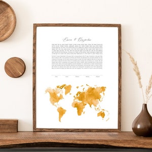 Weltkarte Aquarell Ketubah | Personalisierte Hochzeitsurkunde | Reform, Weltlich, Interreligiöse, LGBTQ+