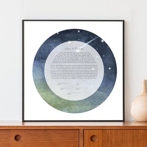 Acuarela Sol y Galaxia Estelar Ketubah Moderna / Arte Ketubah Personalizado Certificado de Matrimonio Imprimir / Reforma, Secular, Interreligioso, LGBTQ +
