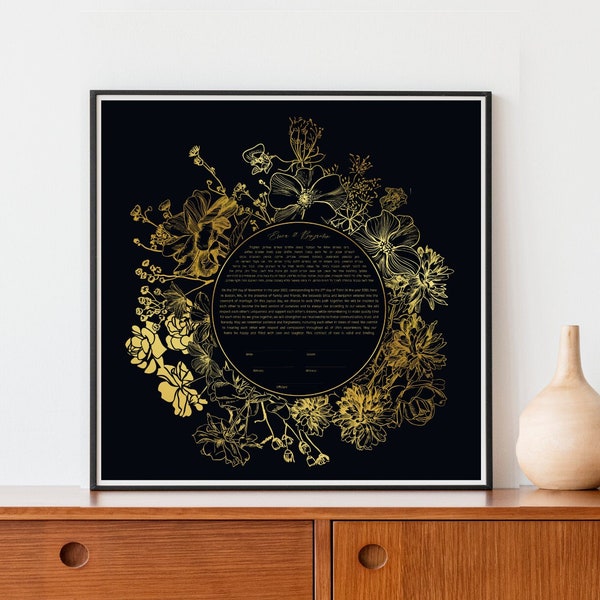 Gold Floral Modern Custom Ketubah Wedding Certificate Print | Reform, Secular, Interfaith, LGBTQ+