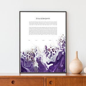 Modern Ketubah: Purple Acrylic Pour Artwork Custom Print Wedding Certificate  | Reform, Secular, Interfaith, LGBTQ+