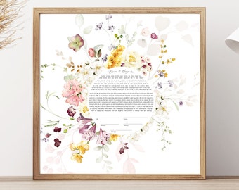 Colorful Pink & Yellow Floral Leaf Modern Ketubah | Custom Circular Ketubah Wedding Certificate Print | Reform, Secular, Interfaith, LGBTQ+