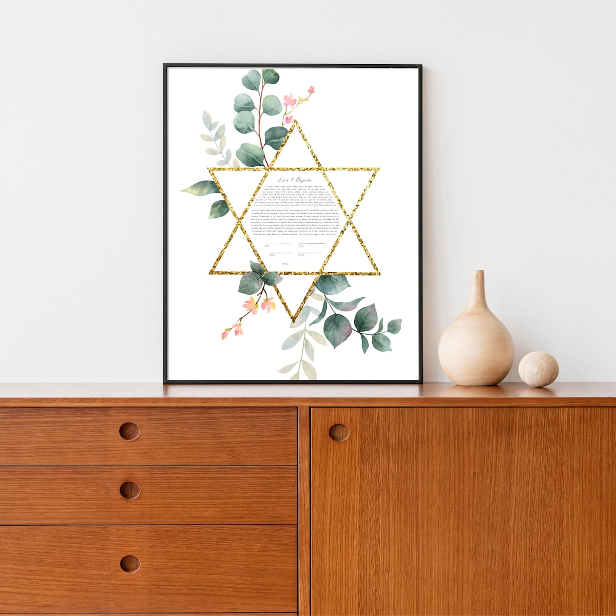 Star of David Gold & Eucalyptus Leaf Ketubah | Modern Watercolor | Custom Print Wedding Certificate | Reform, Secular, Interfaith, LGBTQ+ - Etsy