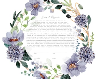 May include: A wedding ketubah with a watercolor floral design. The text is surrounded by a wreath of lavender flowers, green leaves, and gold accents. The names "Erica & Benjamin" are at the top.