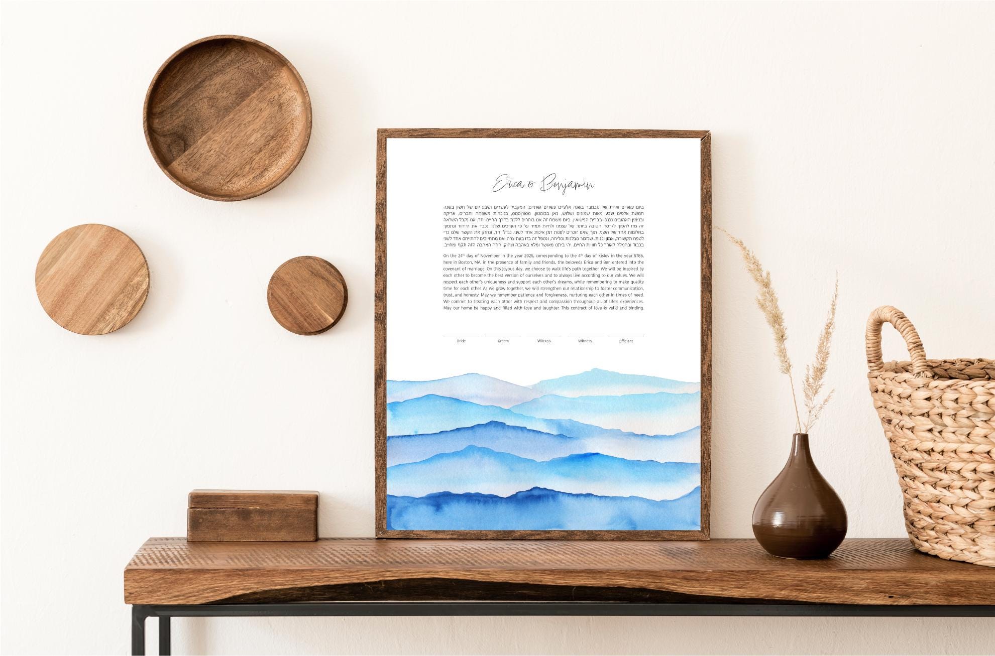 Blue Watercolor Mountain Ocean Waves Modern Ketubah | Custom Artwork Print Wedding Certificate  | Reform, Secular, Interfaith, LGBTQ+