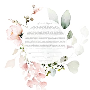 Pink & White Watercolor Floral Leaf Modern Ketubah | Custom Circular Ketubah Wedding Certificate Print | Reform, Secular, Interfaith, LGBTQ+
