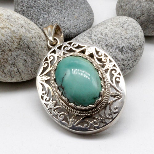 Natural Turquoise And Silver pendant. Sterling silver 925 handmade Pendant. Handmade Jewelry. shops Unique Vintage Style Pendant