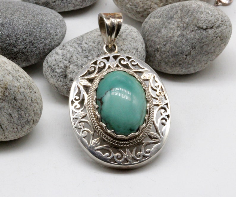 Natural Turquoise And Silver pendant. Sterling silver 925 handmade Pendant. Handmade Jewelry. shops Unique Vintage Style Pendant