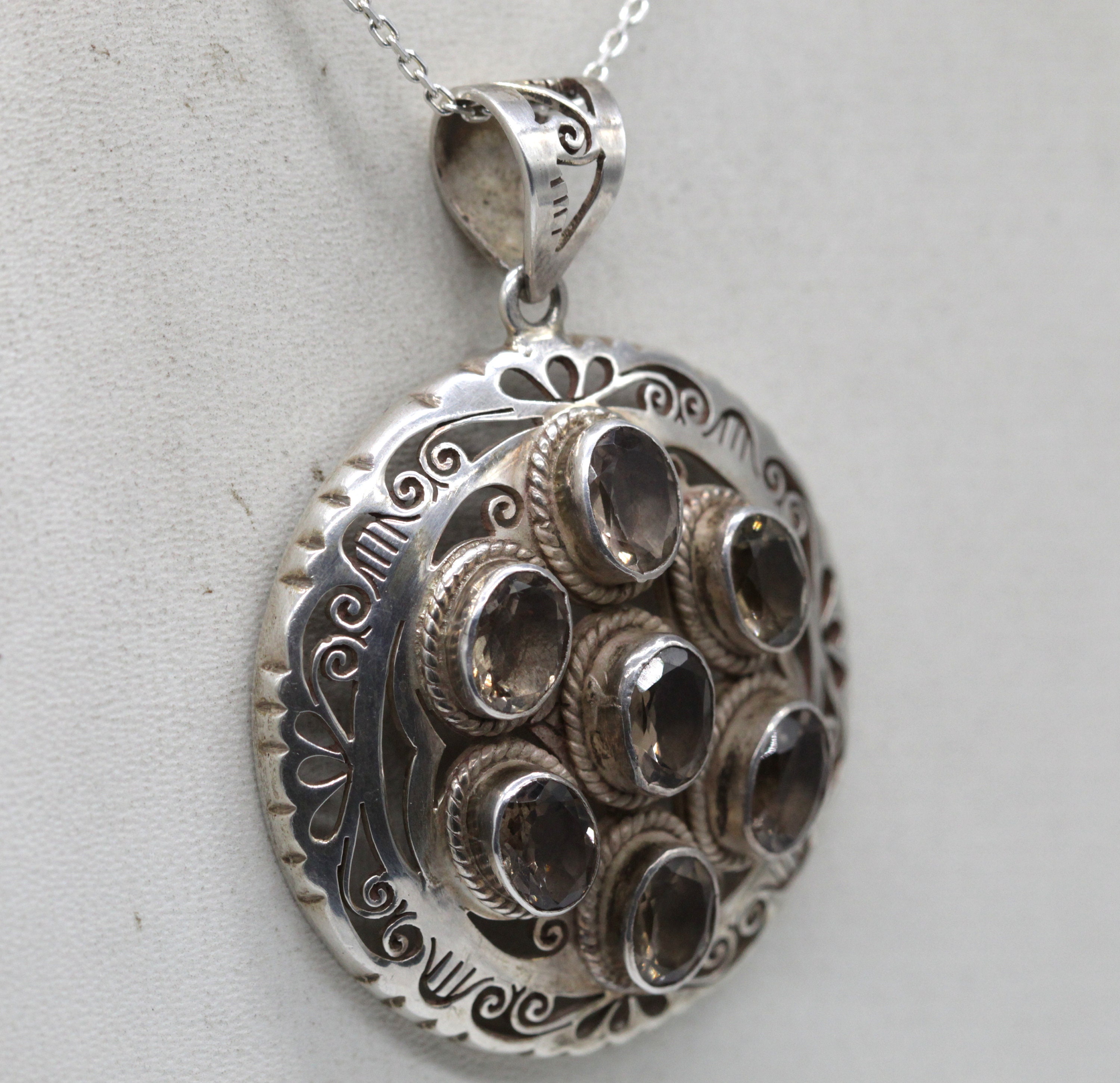 Pendentif Ancien En Argent Massif Avec Bronzite Et Quartz Fumé - Bijou Vintage Occasion