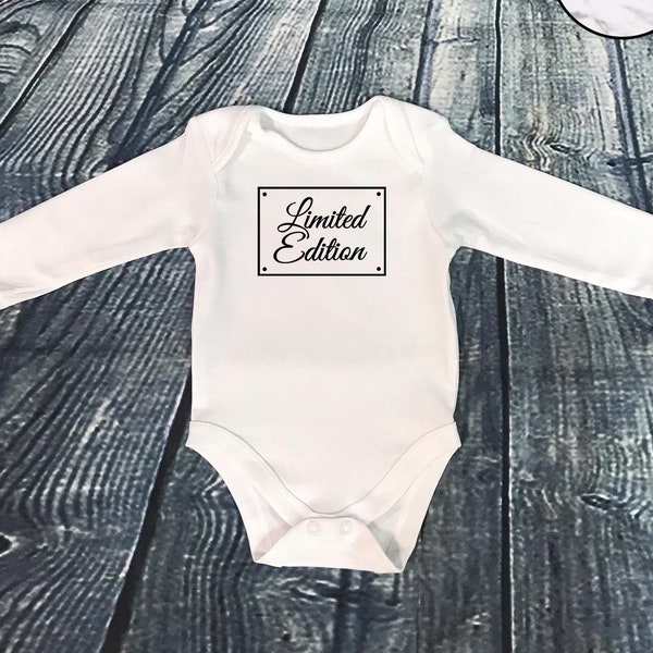 Stylish 'Limited Edition' White/Blue/Pink Bodysuit with Long Sleeves / Babygrow / Choose your own print colours