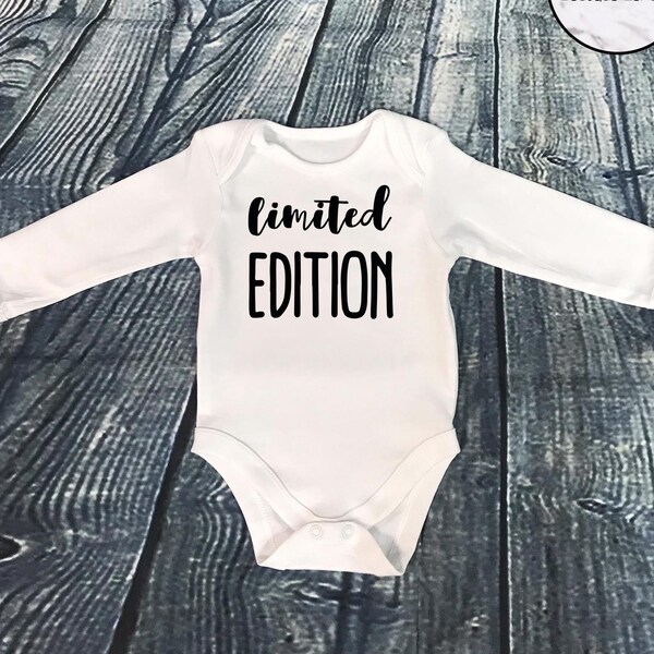 Stylish 'Limited Edition' White/Blue/Pink Bodysuit with Long Sleeves / Babygrow / Choose your own print colours