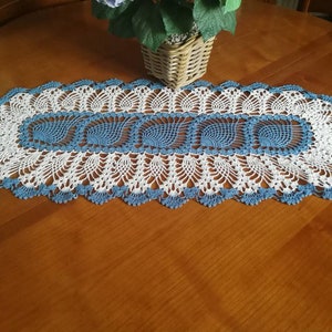 Blue and white pineapple handmade large oblong doily/runner 30insx13.5ins.