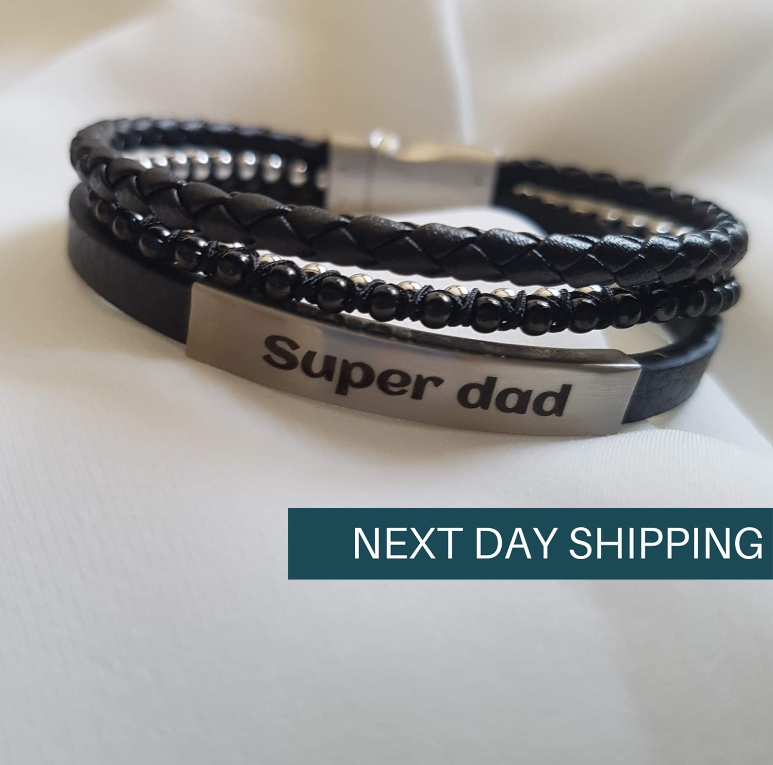 Personalized Name Bracelet for Men Black Layered Leather 