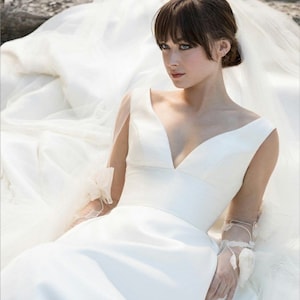 Customized Pure Satin Wedding Dress, Deep V Neck Sleeveless White Satin Bridal Gown, Minimalist A Line Wedding Dress