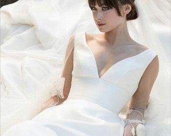 Customized Pure Satin Wedding Dress, Deep V Neck Sleeveless White Satin Bridal Gown, Minimalist A Line Wedding Dress