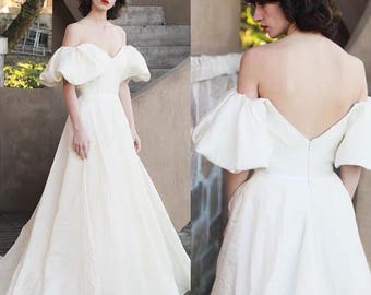 Off The Shoulder Customized Wedding Dress, A line Jacquard Satin Bridal Gown with Puff Sleeves, Minimalist Wedding Dress