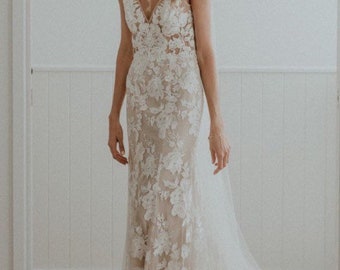 Embroidered Lace Wedding Dress, Deep V-neck Backless Bridal Gown, Lightweight Lace Beach Wedding Gown With Train