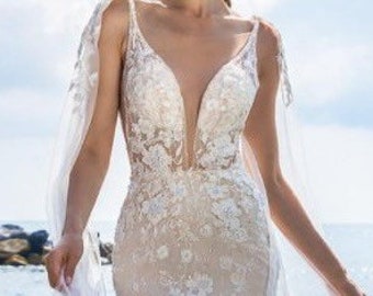 Elegant Embroidered Lace Wedding Dress With Cape Veil, Open Back Sexy Mermaid Bridal Dress, Lightweight Beach Wedding Gown With Train