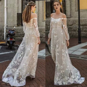 Fairy Wedding Dress, Beach Wedding Dress, Off the Shoulder Bridal Gown, Bishop Sleeve Bridal Dress