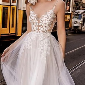 Fairy Wedding Dress V-neck Backless Bridal Gown, Lightweight Tulle Wedding Gown