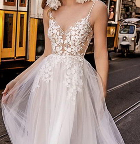 Fairy Wedding Dress V-neck Backless Bridal Gown, Lightweight Tulle Wedding Gown