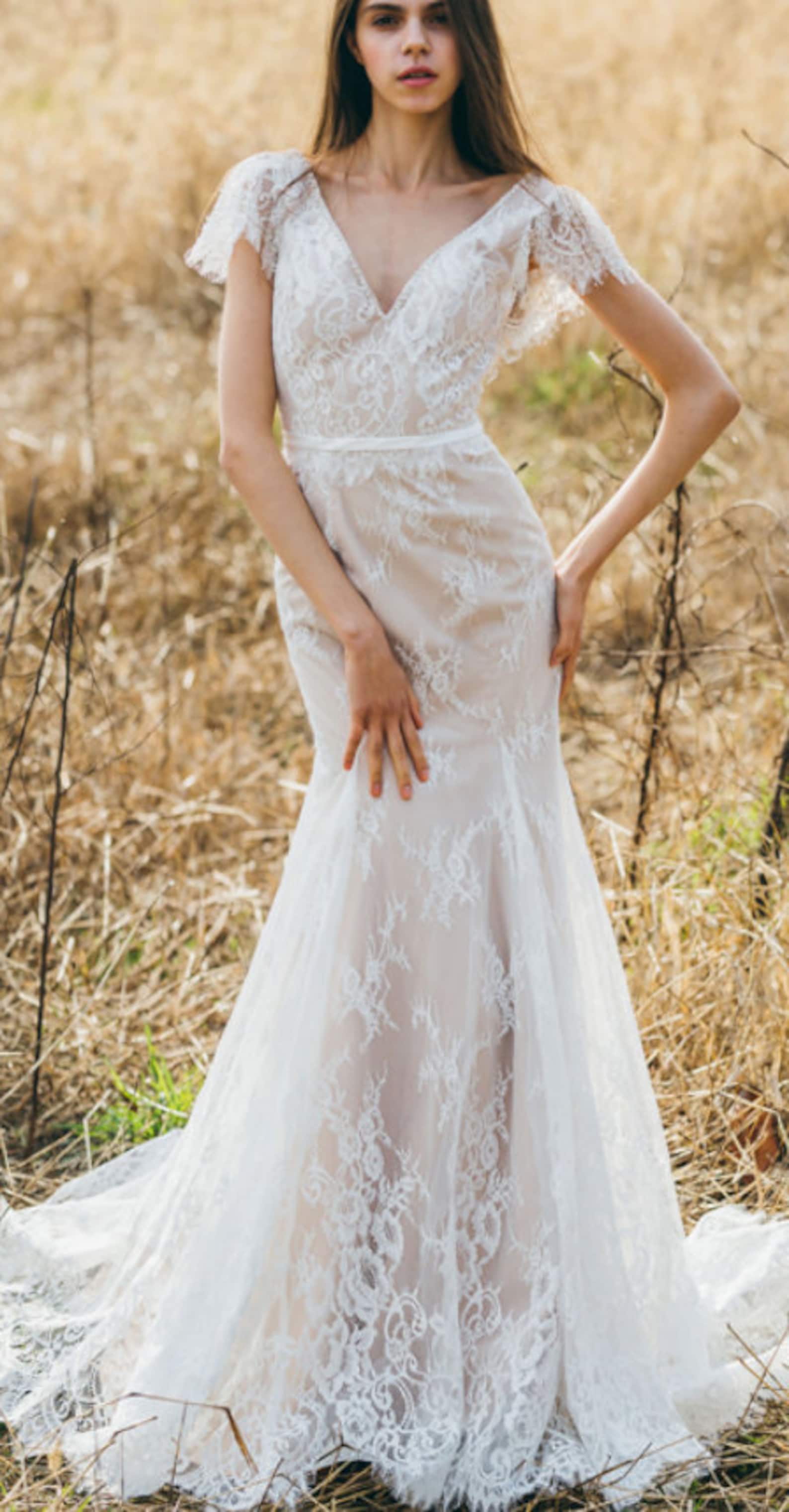Customized Vintage Lace Wedding Dress Beach Wedding Gown Cap | Etsy