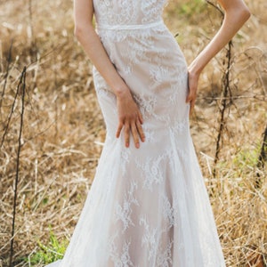 Customized Vintage Lace Wedding Dress, Beach Wedding Gown, Cap Sleeve Open back Mermaid Bohemian Bridal Dress With Train