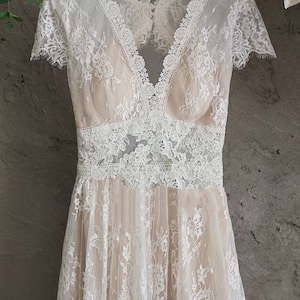 Customized Luxury Embroidered Lace Wedding Dress, Vintage Lace Bridal Gown, Cap Sleeve A Line Beach Wedding Dress With Train