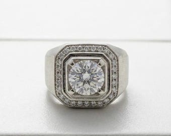 Men's Moissanite Signet Ring, Round Cut Moissanite Diamond Pinky Ring for Men, Solid Silver Statement Ring, Male Promise Ring