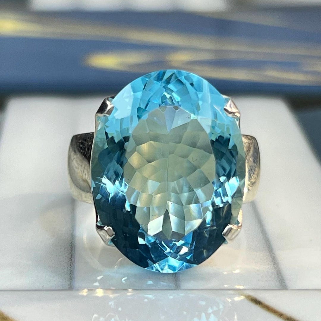 Real Blue Topaz Rings Large Natural Blue Topaz Ring Solid Silver 16X21MM Oval Cut Gemstone ...