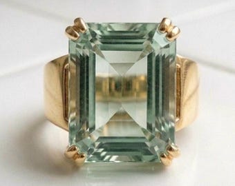 Anillo vintage de prasiolita, anillo de plata maciza con baño de oro de 14k y talla esmeralda para mujer, anillo de cóctel con piedra preciosa grande, regalo para ella.