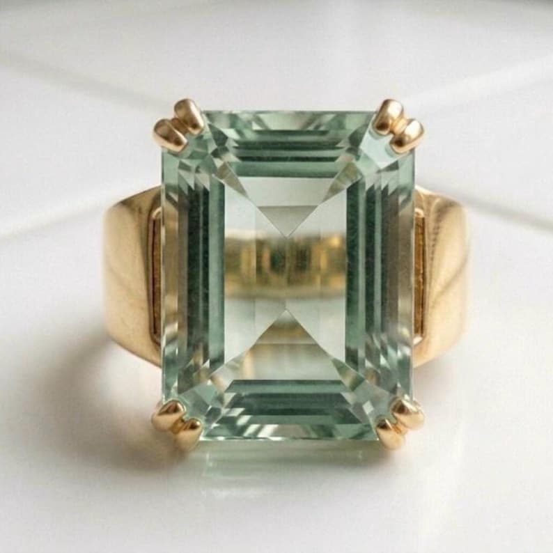 Vintage Statement Prasiolit Ring, 14k Guldpläterad Smaragdslipad Solid Silver Ring för Kvinnor, Stor Ädelstens Cocktailring, Gåva till Henne bild 1